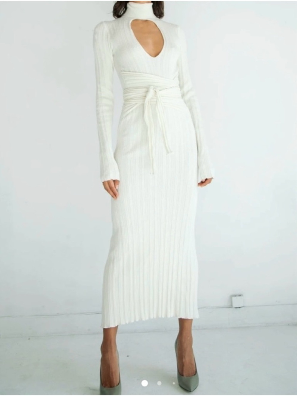 The Line by K Ivory Ribbed Maxi Dress with Keyhole and Wrap Tie